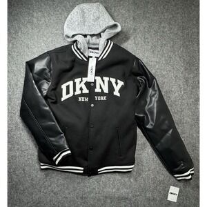 DKNY Varsity Jacket Boys XL (18/20) Black Hooded Quilted Embroidered‎ Streetwear